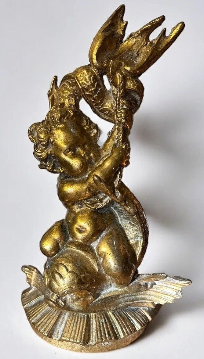 Exquisite Antique Heavy Brass Cherub Door Stop Statue 4.5kg 16” Tall Stamped