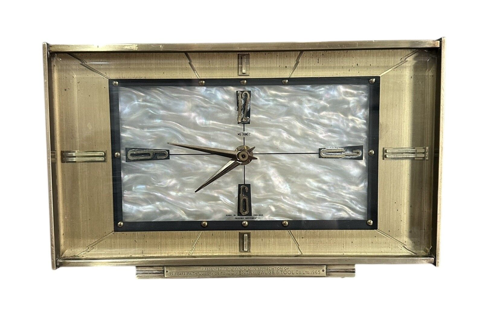 Mid Century C60’s Metamec Brass And Mother Of Pearl Effect Mantle Clock photo for sale