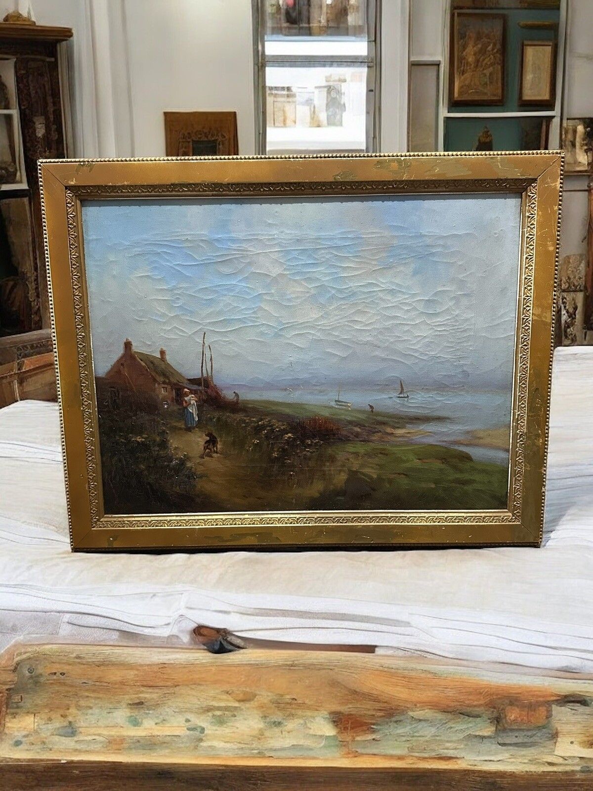 19th Century English Original Oil On Canvas By H B Scott “ Afisherman’s Cut” photo furniture