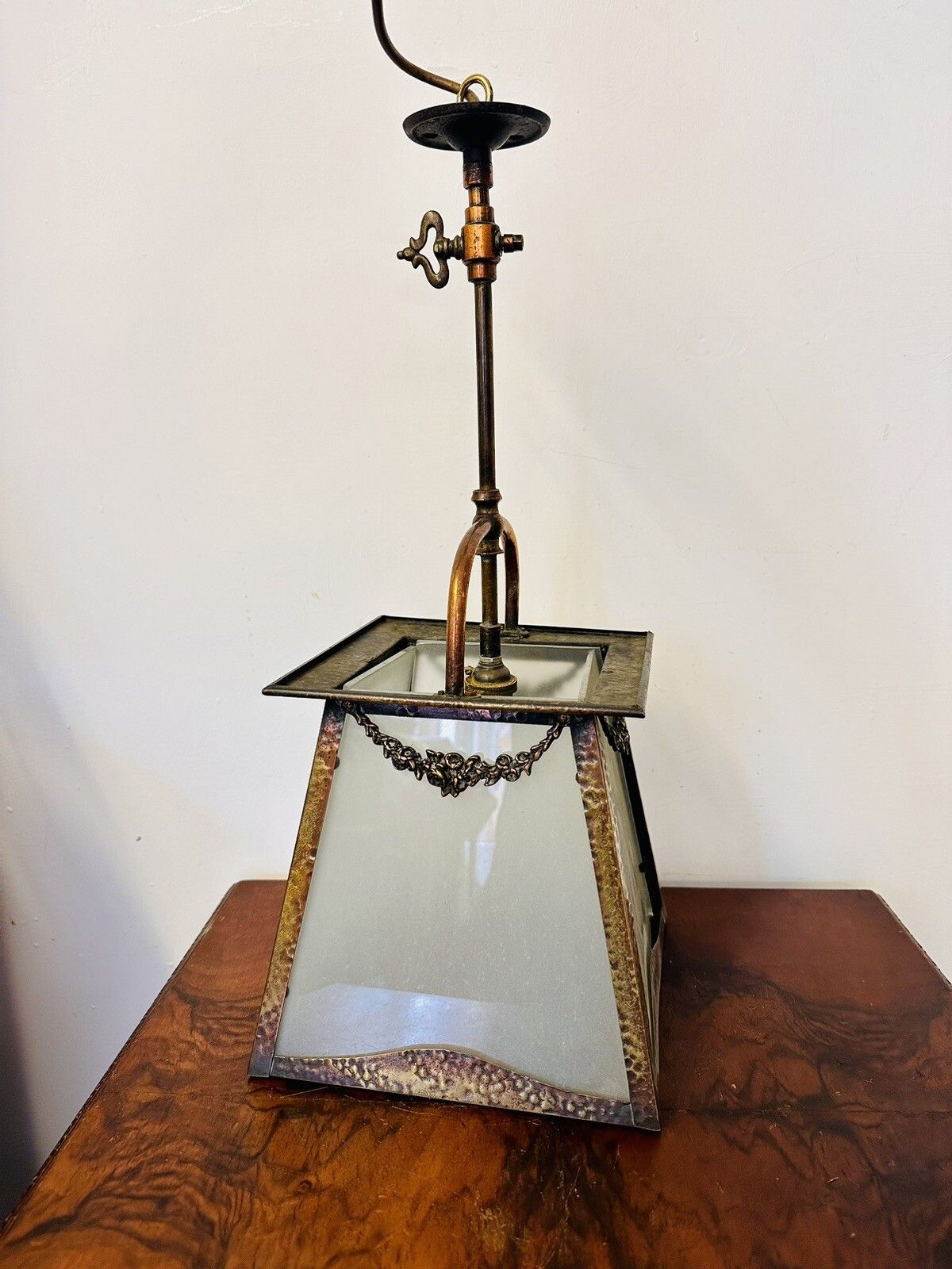 Art Nouveau C1900’s Hand Beaten Copper Large Lantern Four Glass Shades photo Lighting