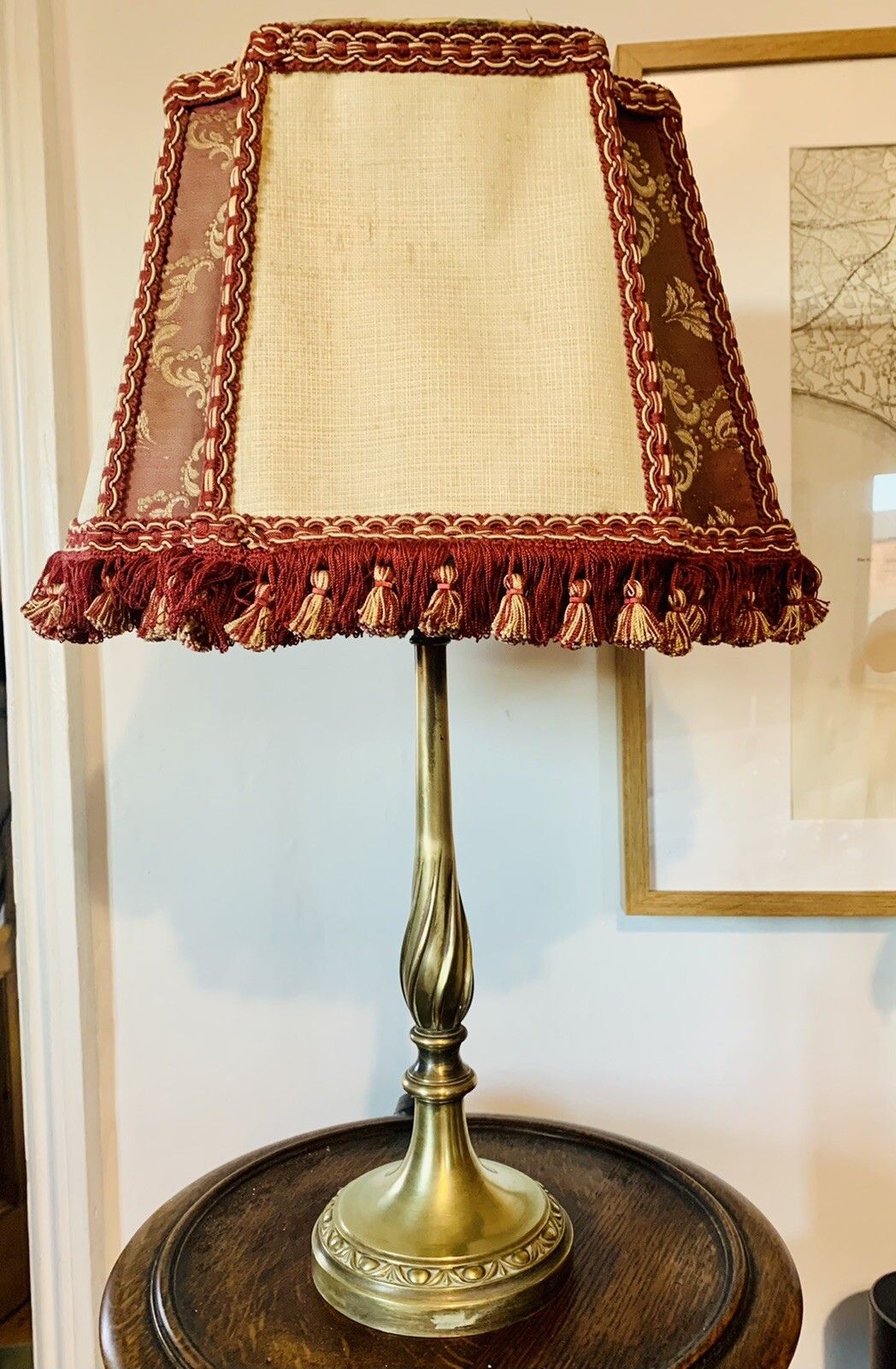 Antique Edwardian Stunning Brass Table Lamp With Original Shade￼ Tassel Shade
