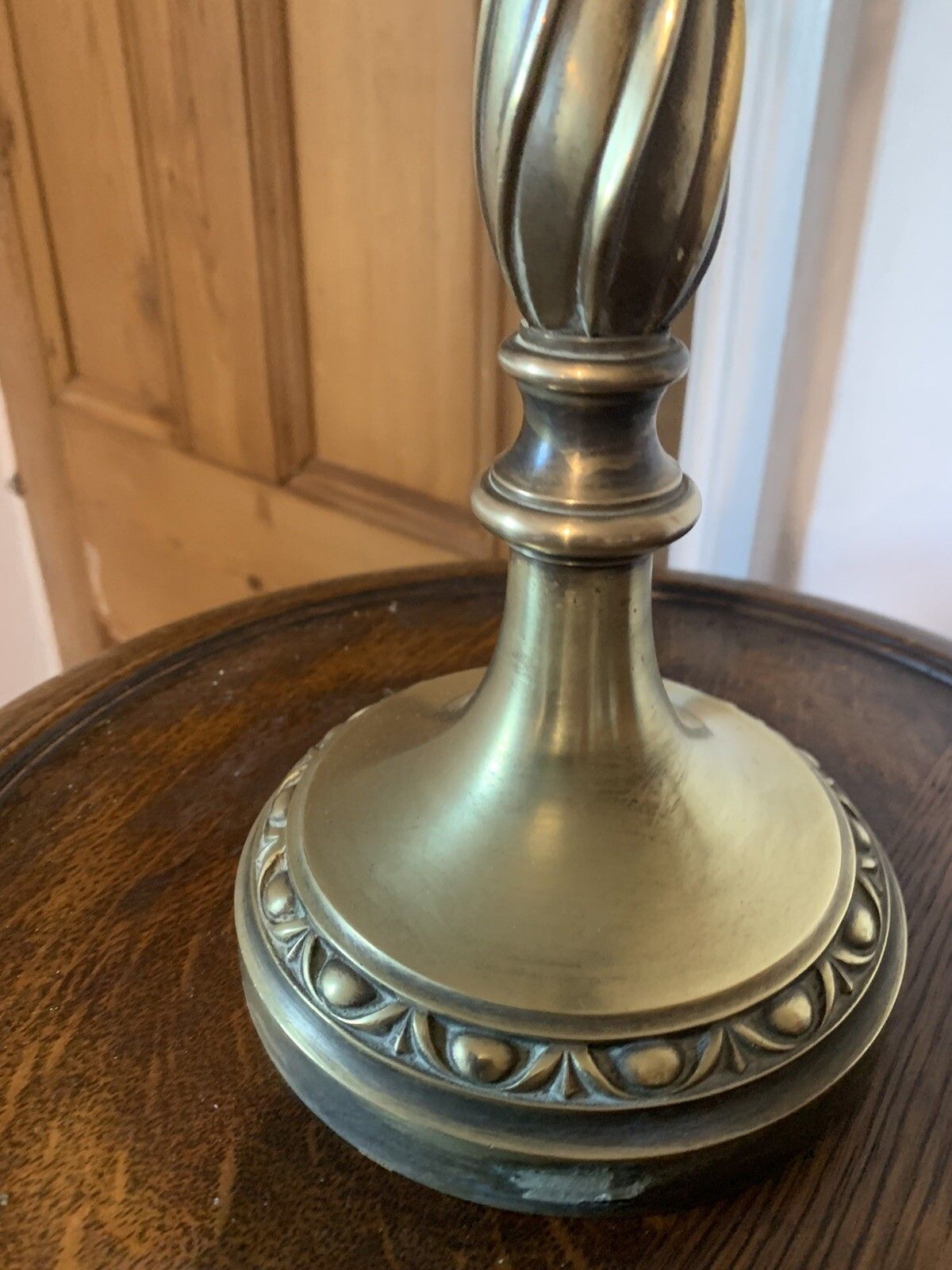 114.0 Antique Edwardian Stunning Brass Table Lamp With Original Shade￼ Tassel Shade photo