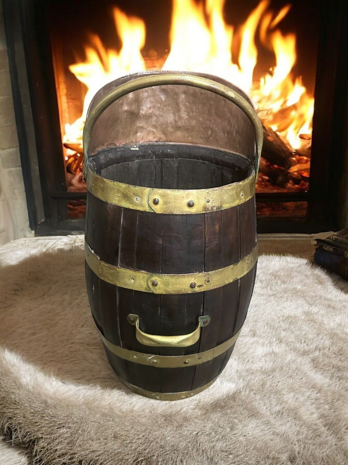 Antique English Oak Brass Banded Barrel Bucket, C 1840 Coal , Umbrella Kindling photo furniture