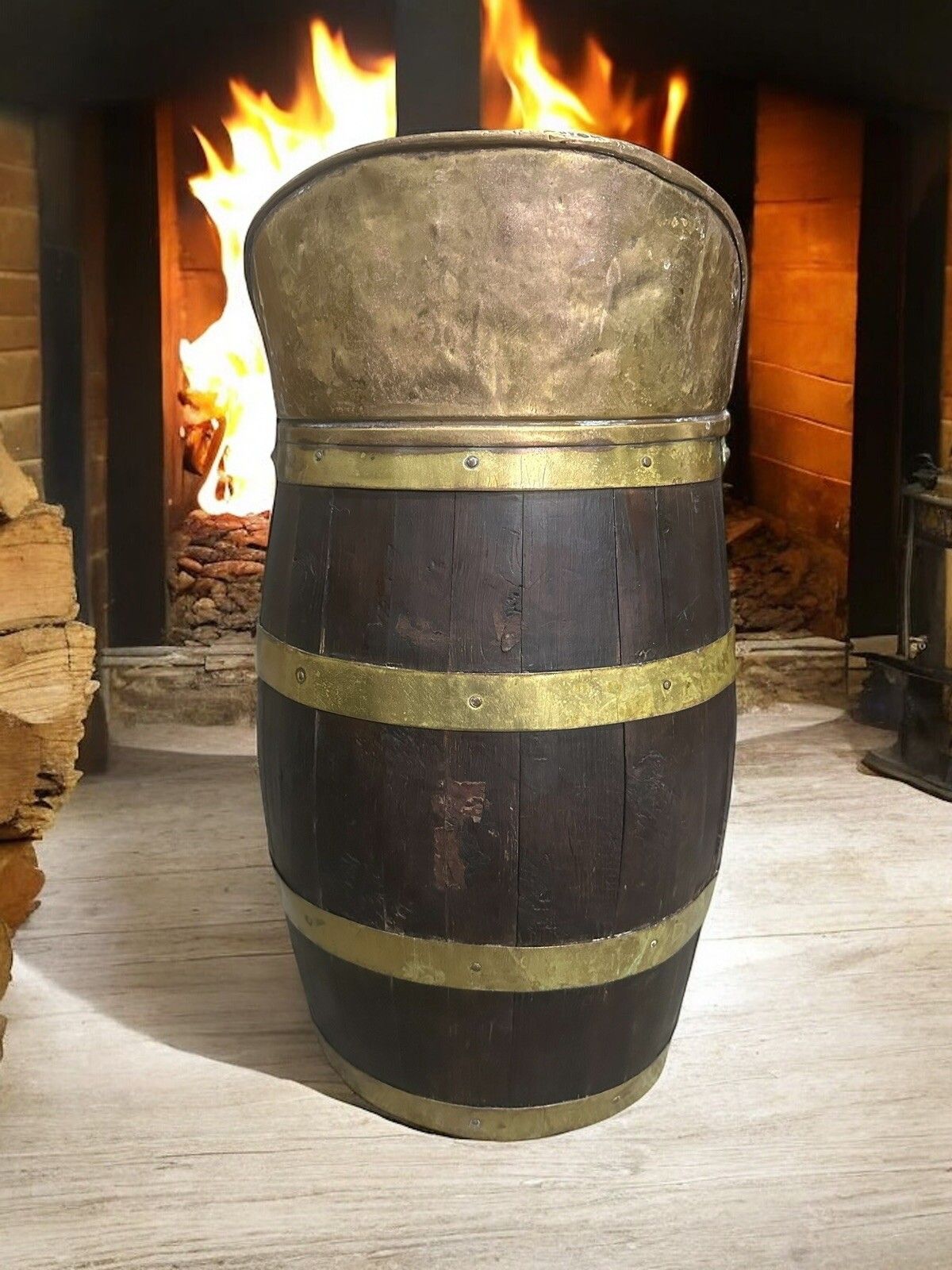 Antique English Oak Brass Banded Barrel Bucket, C 1840 Coal , Umbrella Kindling photo for sale