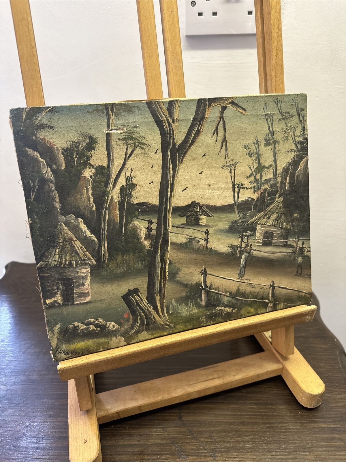 Antique African Village Scene Original Oil Painting On Canvas Signed