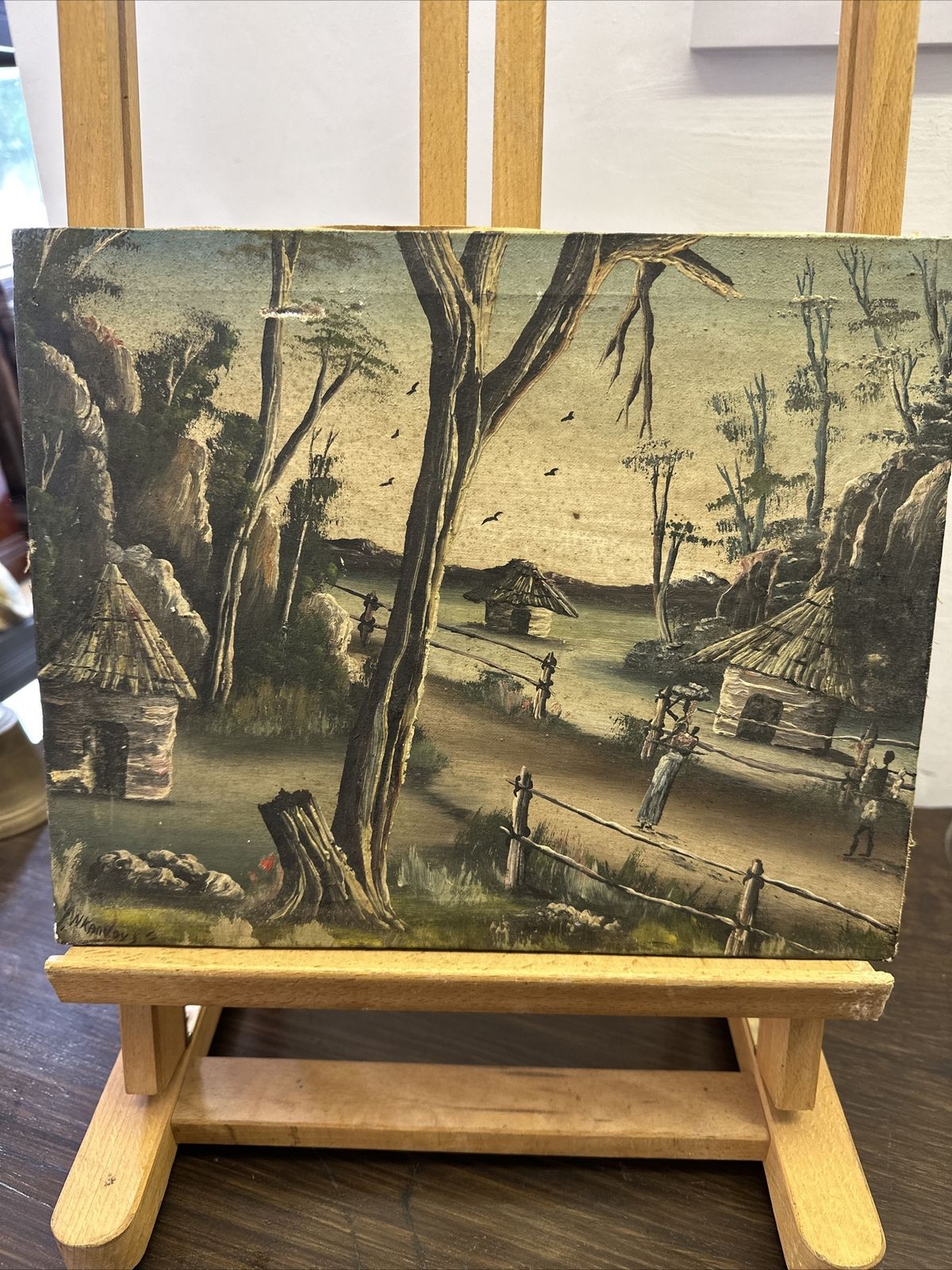 Antique African Village Scene Original Oil Painting On Canvas Signed photo furniture