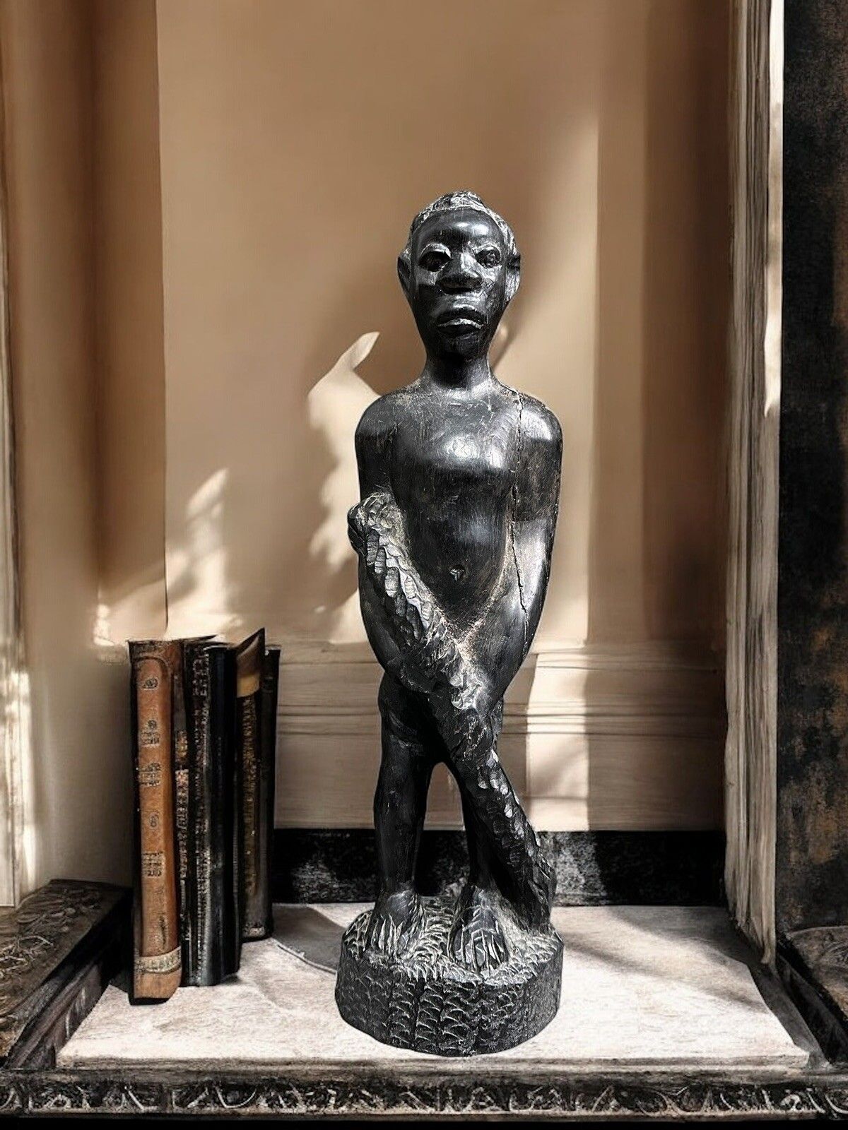 Antique Old Wooden Hand Carved Black African Tribal Man Figure Sculpture photo furniture