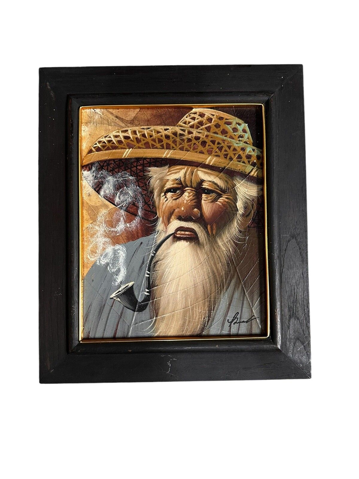 Old Oil Painting On Leaf Oriental Portrait Smoking Pipe Signed 34cm By 29cm
