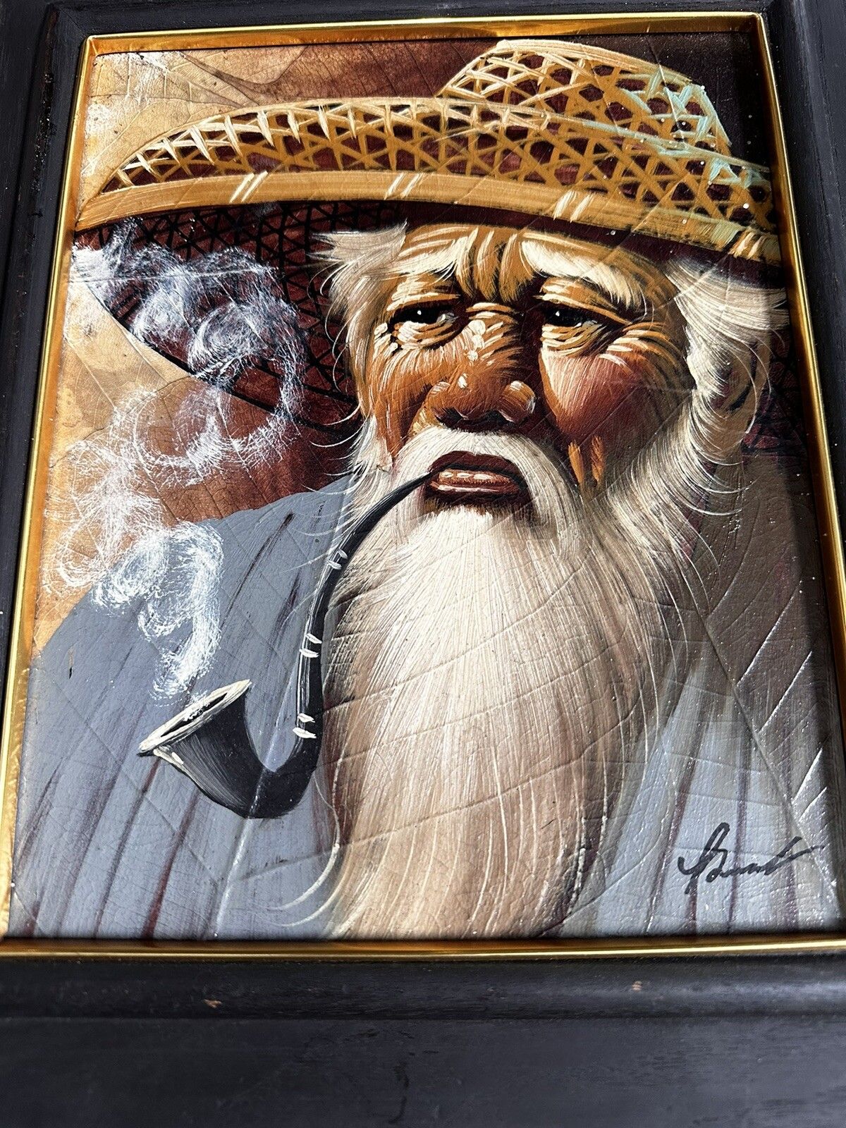 Old Oil Painting On Leaf Oriental Portrait Smoking Pipe Signed 34cm By 29cm photo 95.0