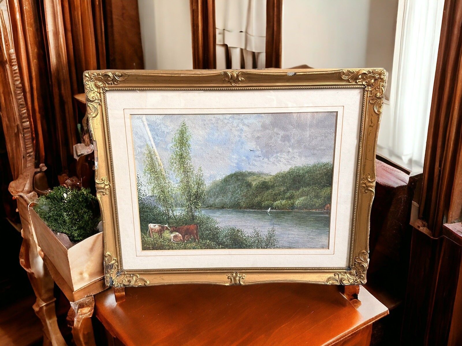 Antique Framed, Painting, Seascape Landscape, Cattle Scene