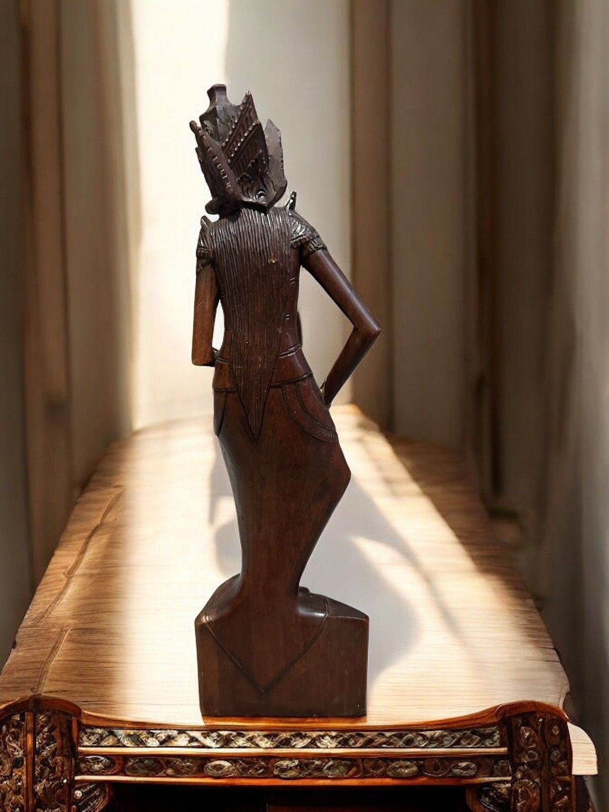 Antique Hand Carved Wooden Goddess Statue, Balinese Art Fine Detail 12” High photo for sale