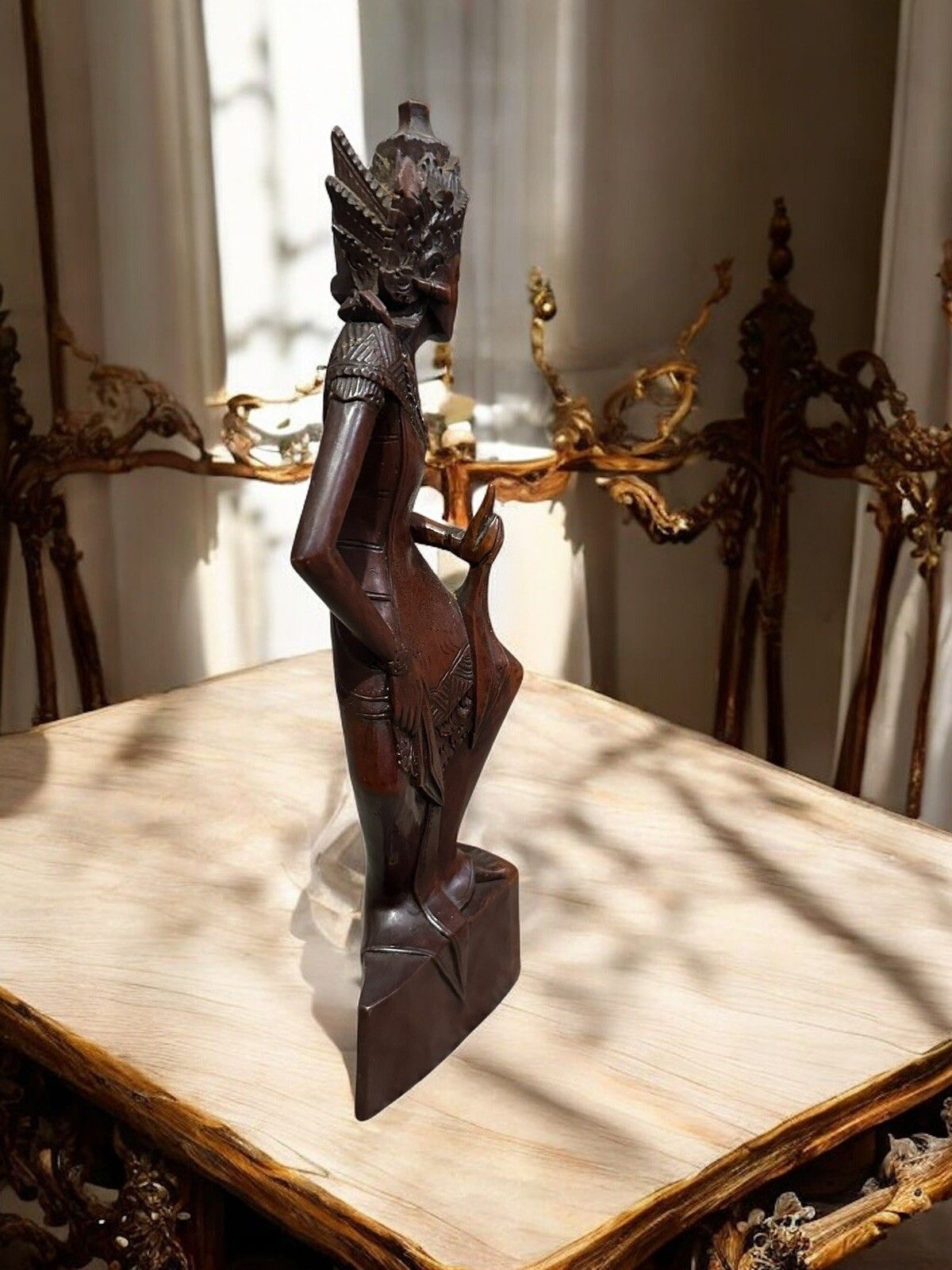 Antique Hand Carved Wooden Goddess Statue, Balinese Art Fine Detail 12” High photo Art