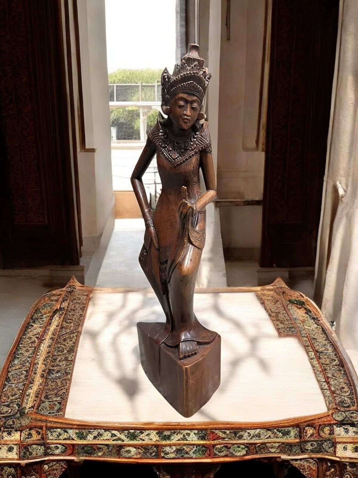 Antique Hand Carved Wooden Goddess Statue, Balinese Art Fine Detail 12” High photo 60.0