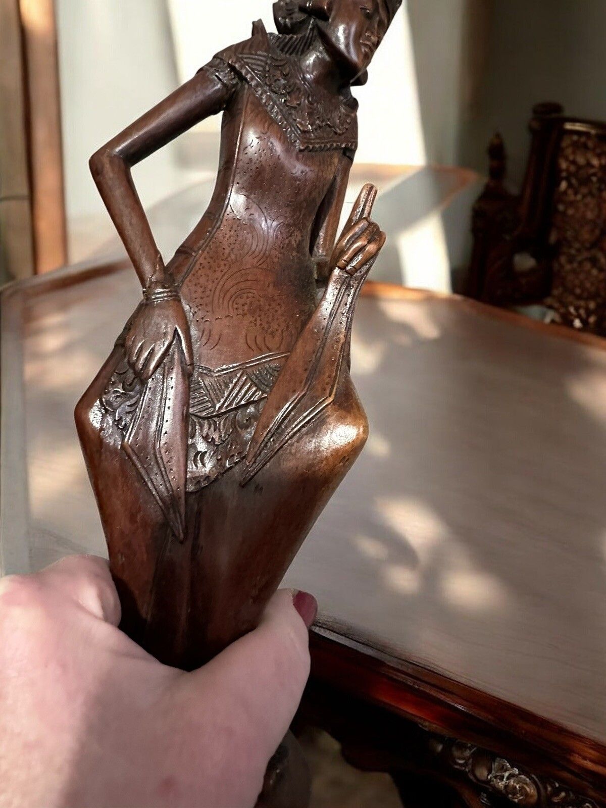 Antique Hand Carved Wooden Goddess Statue, Balinese Art Fine Detail 12” High photo buy