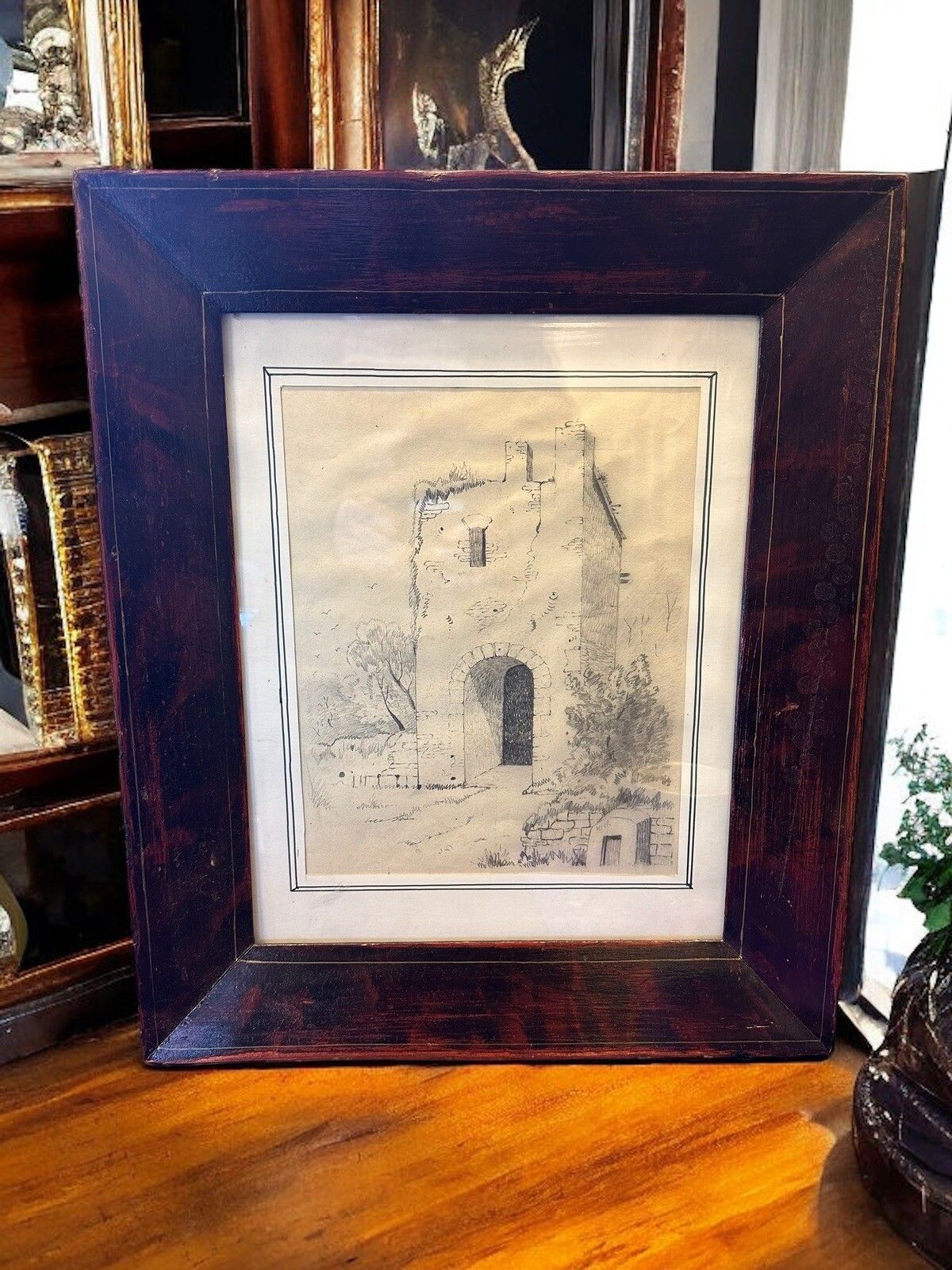 Antique 19th C Sketch Drawing Norman Ruins Sicily  Framed And Glazed