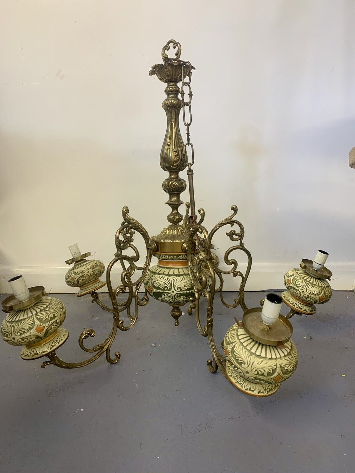Antique European Outstanding Large Five Arm Brass Rococo Chandelier photo buy