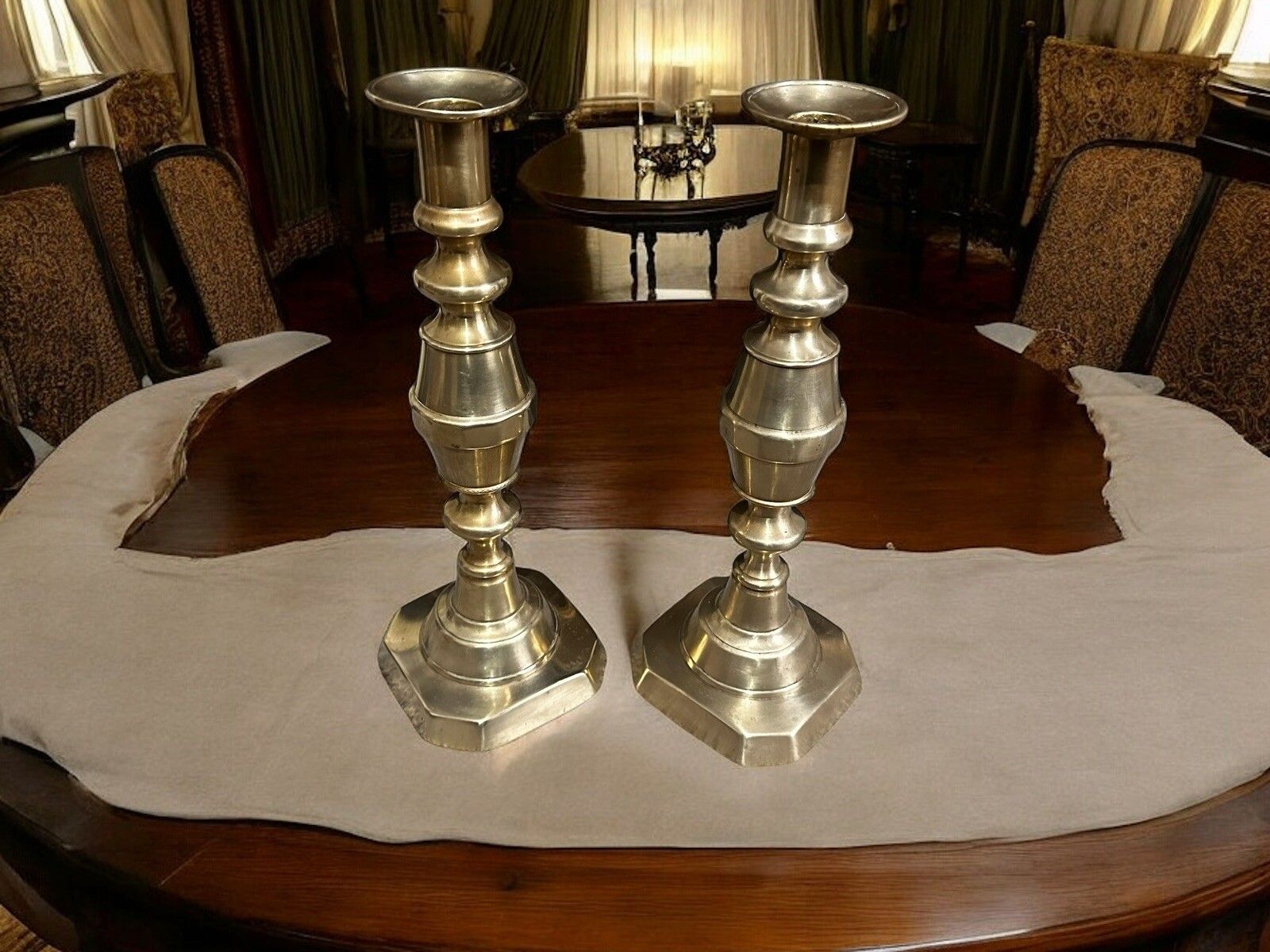 Pair Of Tall Edwardian 1901" Brass Candlesticks With Pushers 32cm High photo furniture