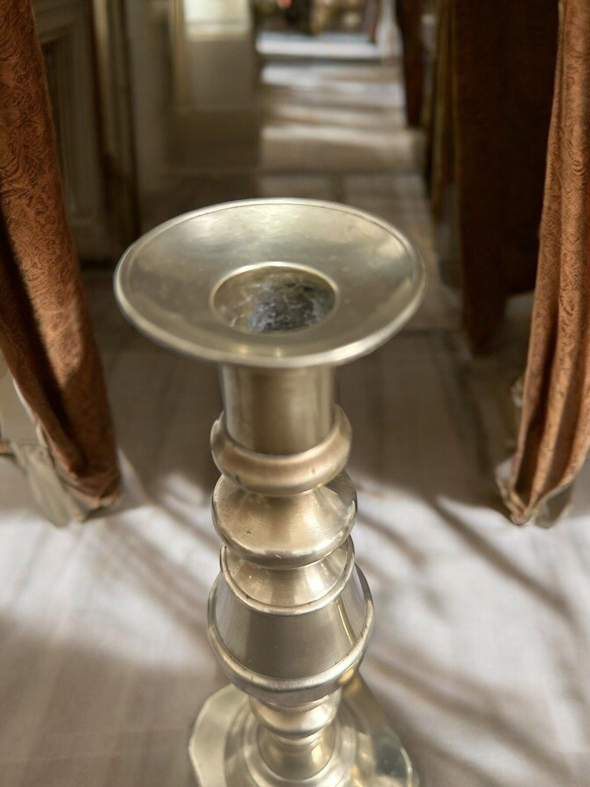 Pair Of Tall Edwardian 1901" Brass Candlesticks With Pushers 32cm High photo for sale