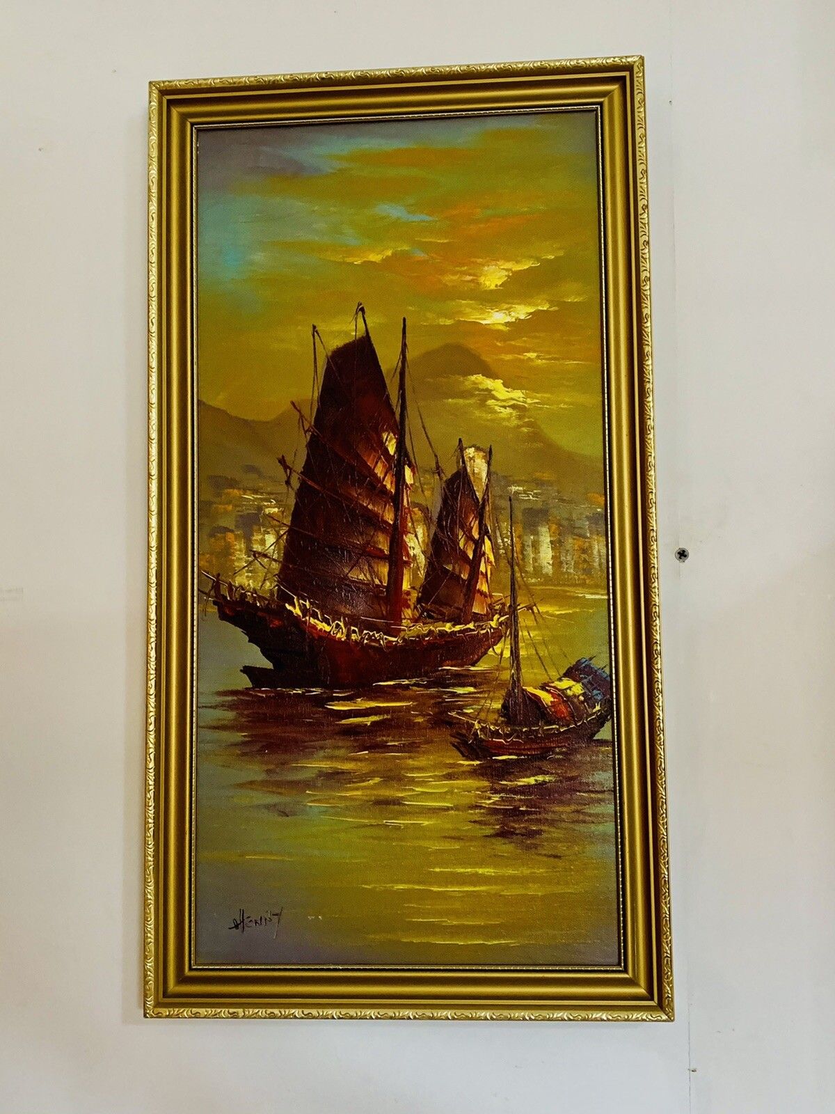 Fabulous Mid Century Framed Oil On Canvas Signed By Artist Nautical Maritime photo furniture