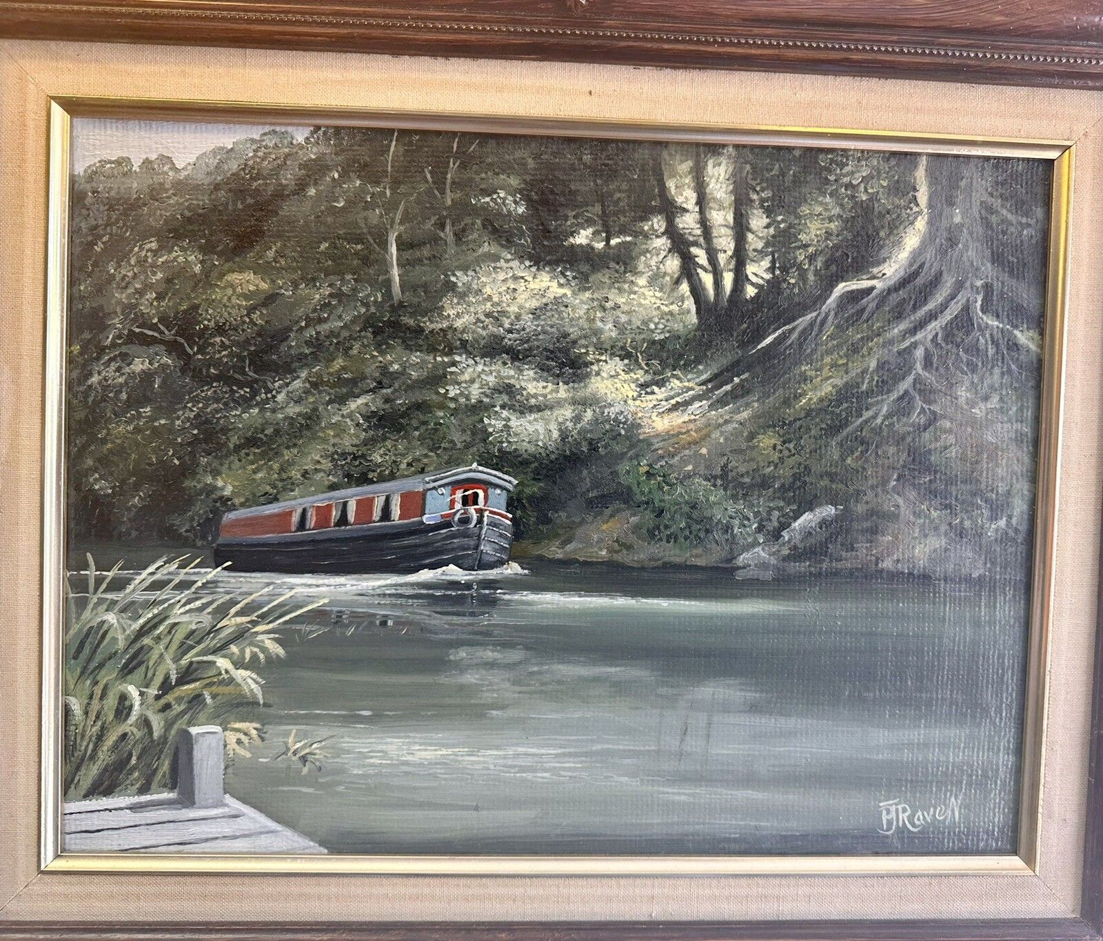 Vintage Superb Oil, Painting, Canal, River Boat Scene Signed By Artist photo for sale
