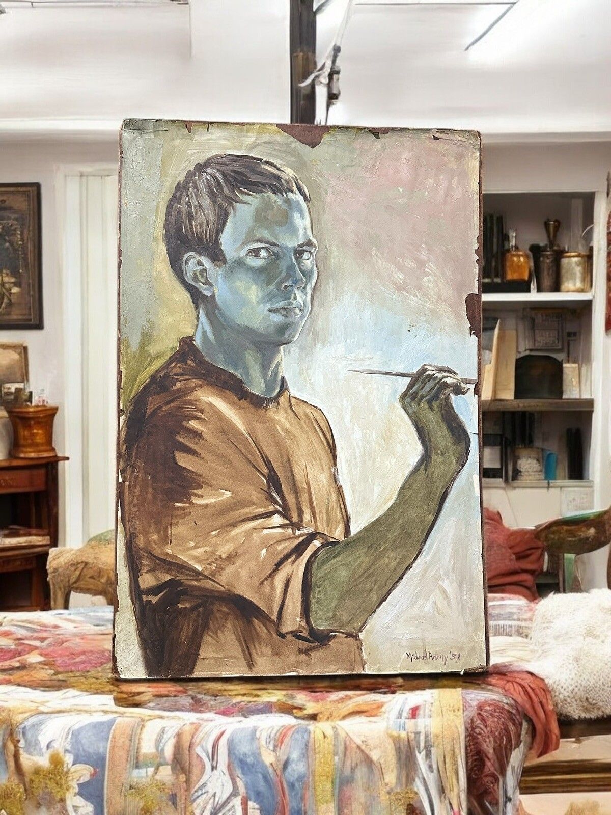 1958 Signed Portrait Painting Of A Artist At Work 67cm By 52cm