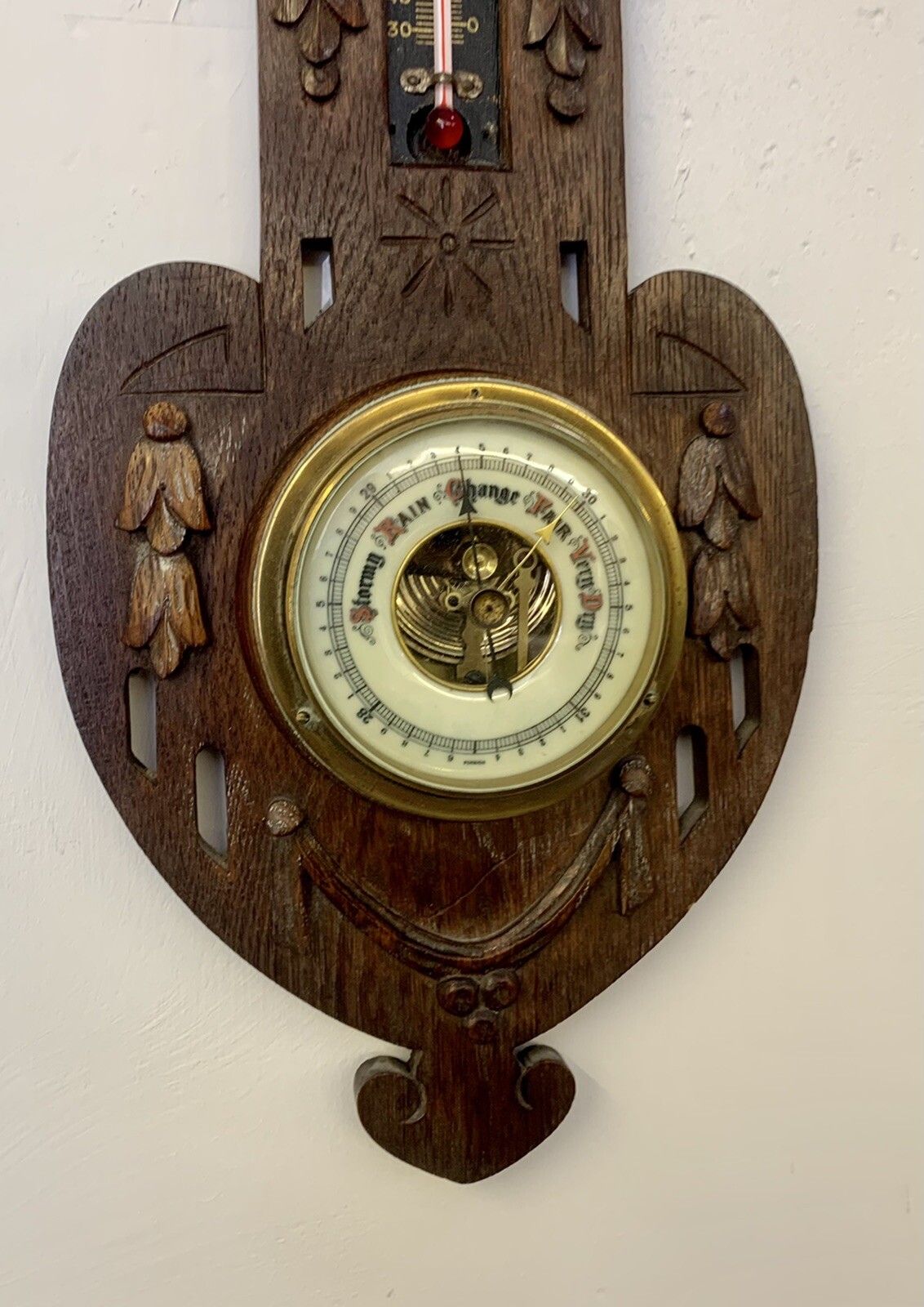 Gorgeous Antique Carved Oak Wall Barometer Victorian photo buy