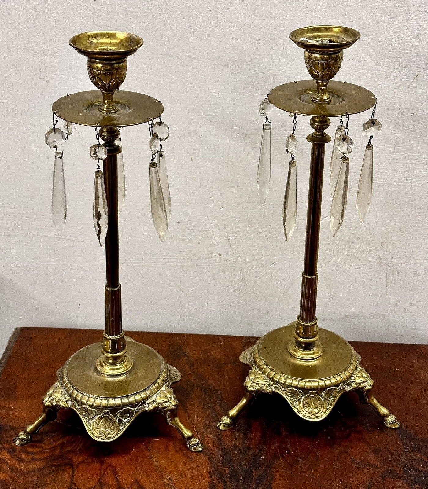 19th C Victorian Pillar Brass Candles Outstanding  With Crystal Drops photo vinterior
