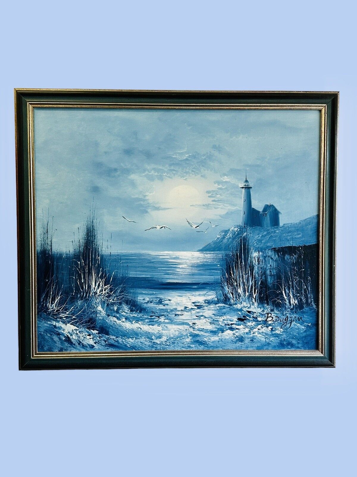 Vintage Signed Lighthouse Oil Painting B. Duggan 70cm By 60cm