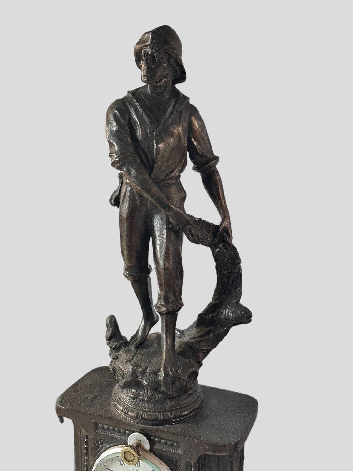 French Art Deco Spelter Fisherman Figural Clock With Jaeger Movement photo Home Decor