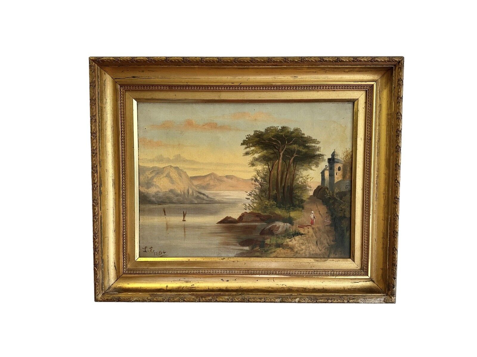 Original Victorian Signed Oil On Canvas Seascape Landscape Scene 51 By 41cm photo furniture