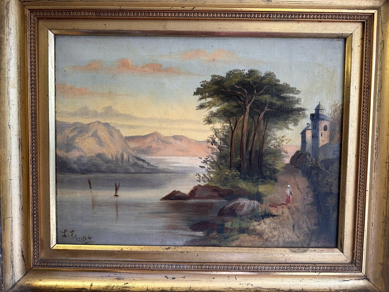 Original Victorian Signed Oil On Canvas Seascape Landscape Scene 51 By 41cm photo Art
