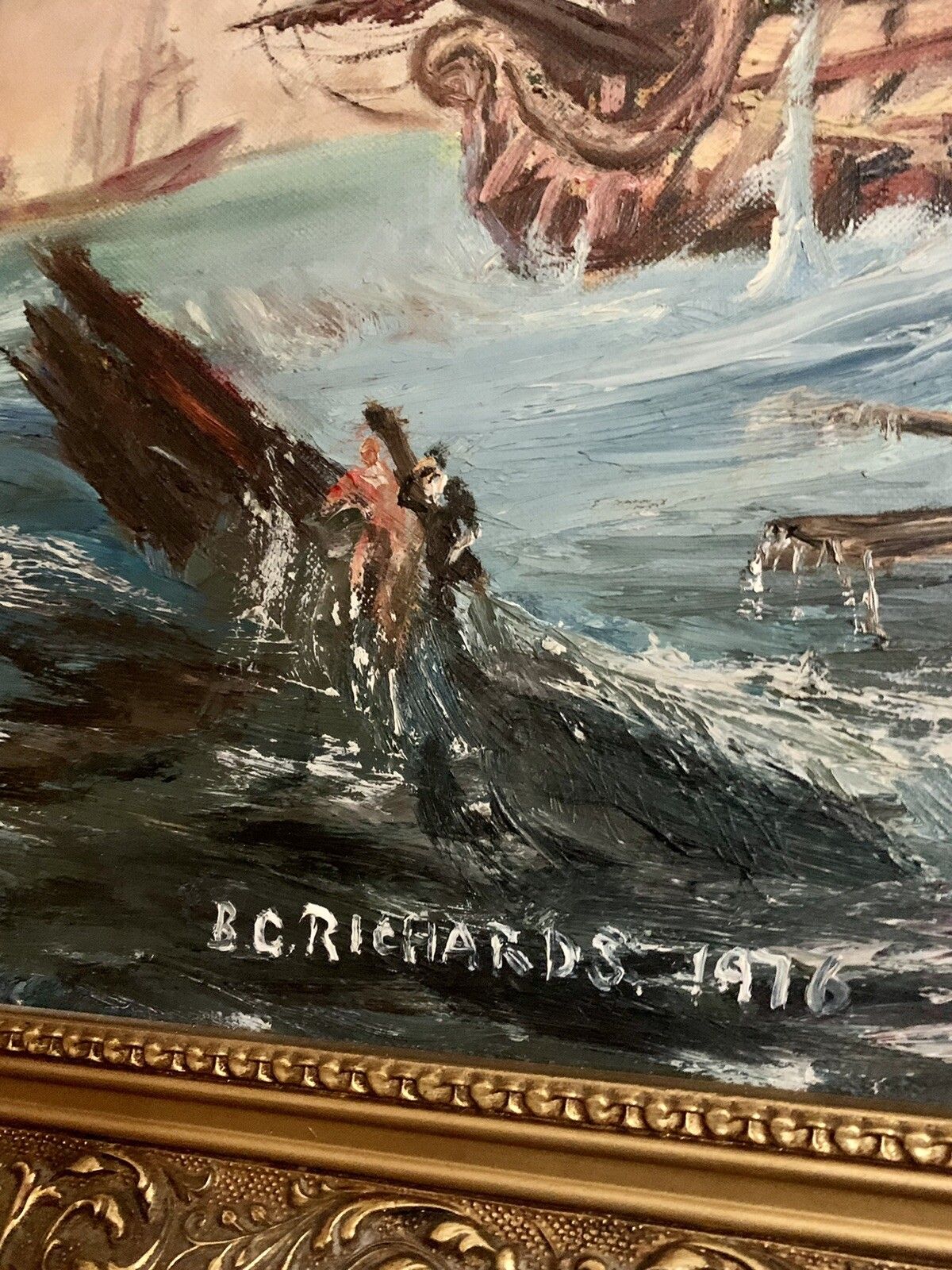 Original Mid Century Oil On Canvas Nautical Maritime Painting Signed 69cm X 59 photo vinterior