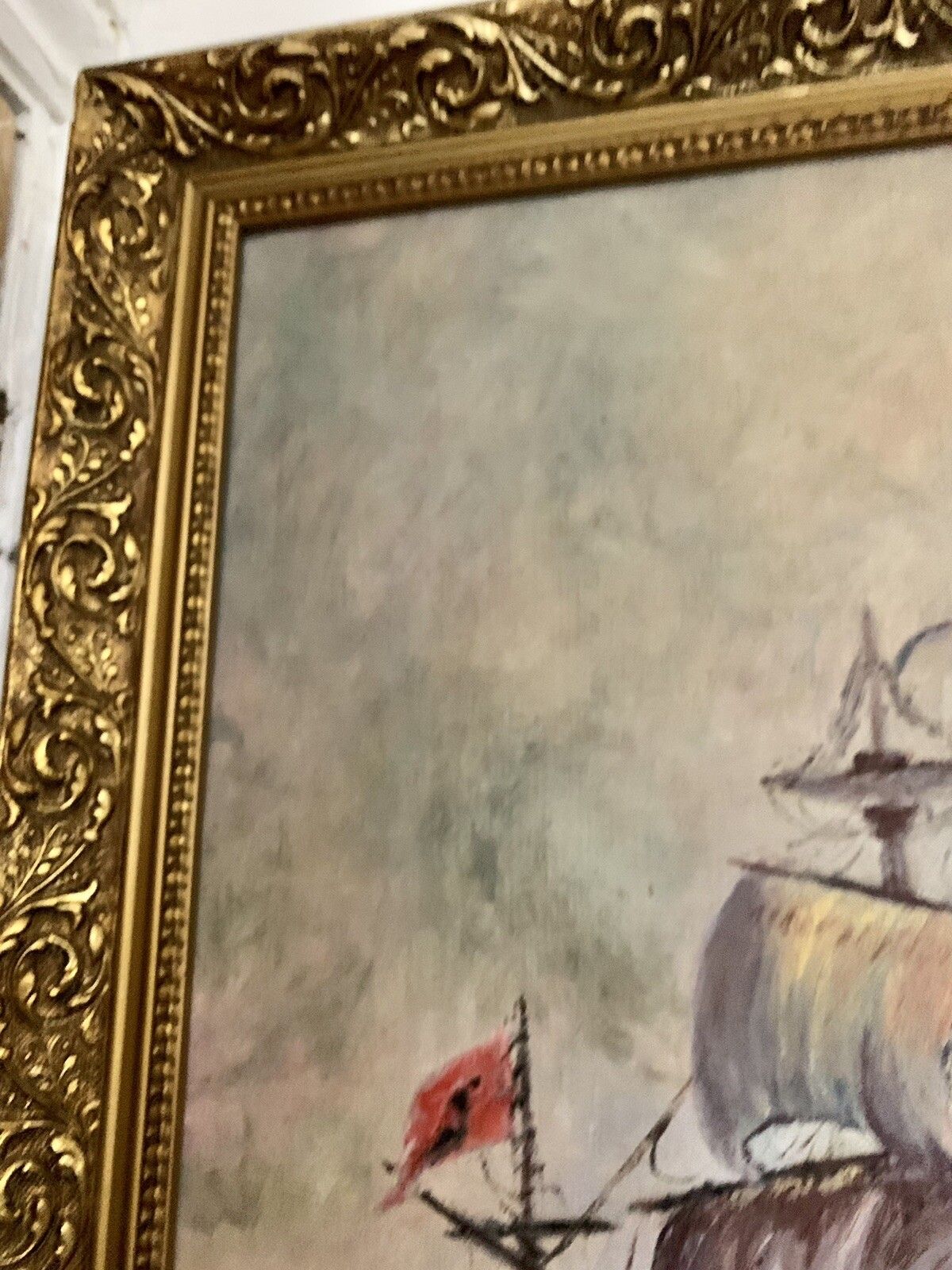 Original Mid Century Oil On Canvas Nautical Maritime Painting Signed 69cm X 59 photo vintage
