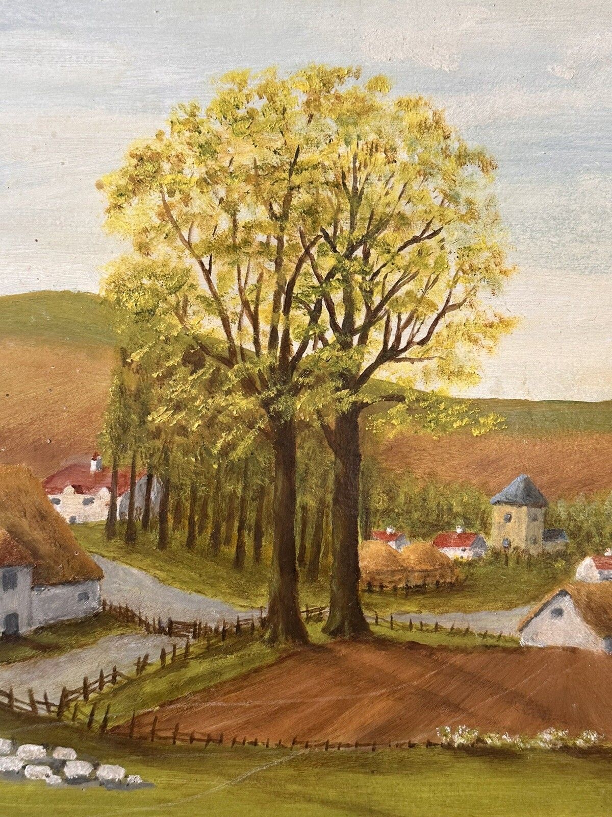 Mid Century Oil Painting Sheep, Farm Countryside Landscape Scene 68x54cm photo 125.0