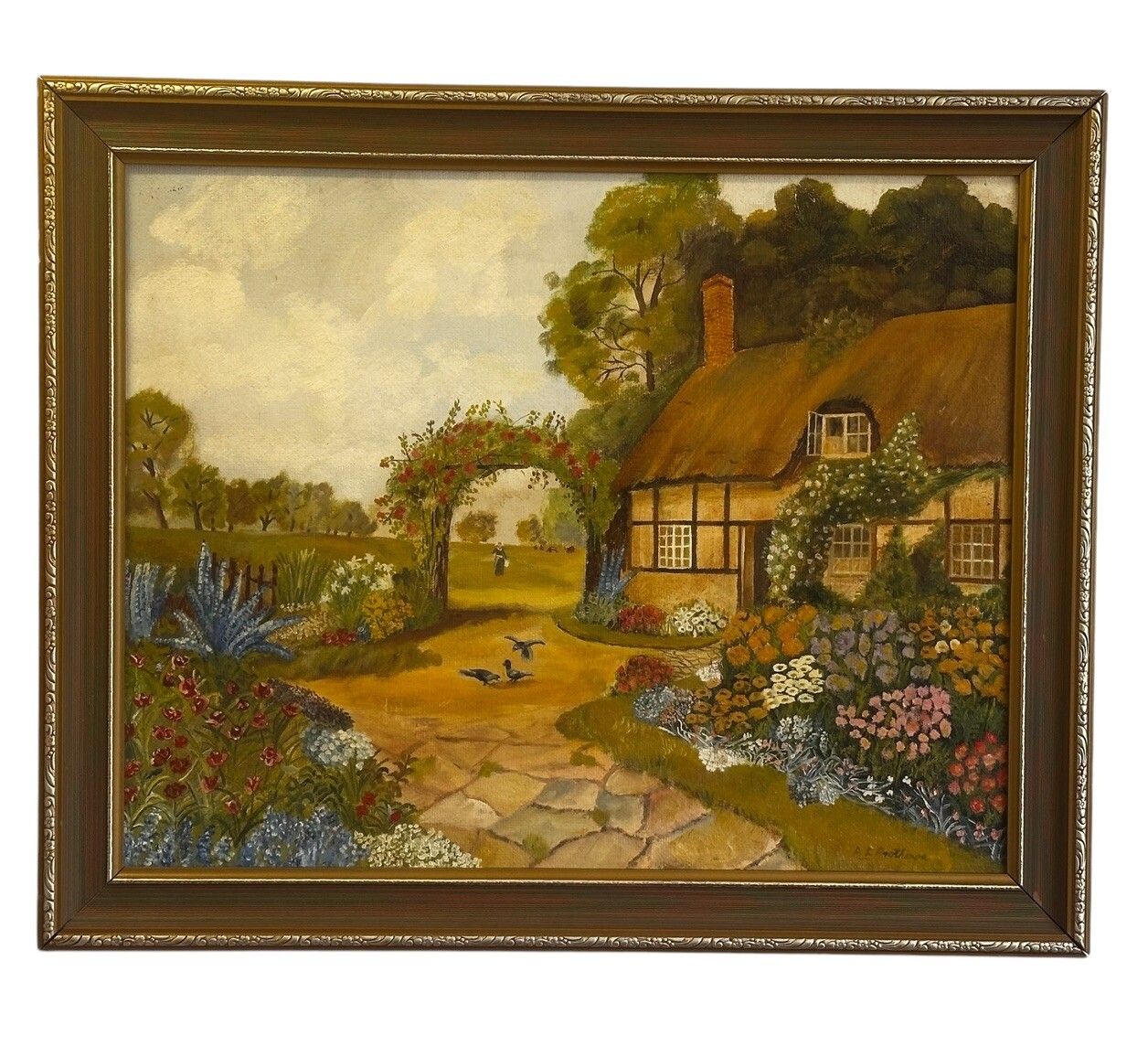 Mid Century Signed Country Cottage Oil Painting  59cm By 49cm