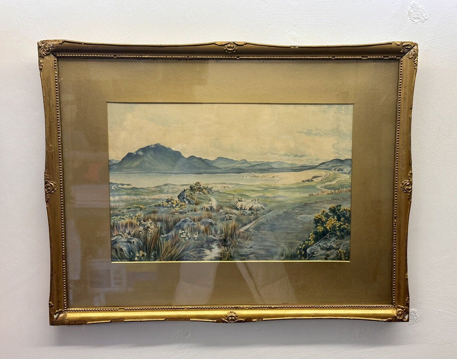 Antique 19th Century Signed Watercolour, Sheep Mountainous, Seascape Scene