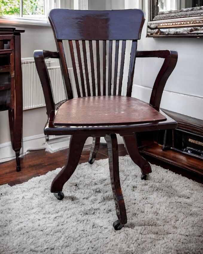 Antique Early 20th Century Oak Swivel Bankers Desk Chair