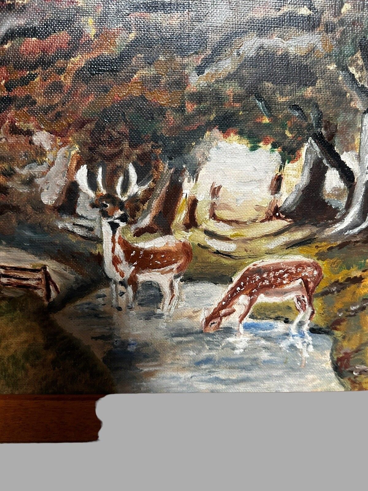 Mid Century Original Oil Painting  Woodland Deer Scene  Teak Framed 19”X15” photo furniture