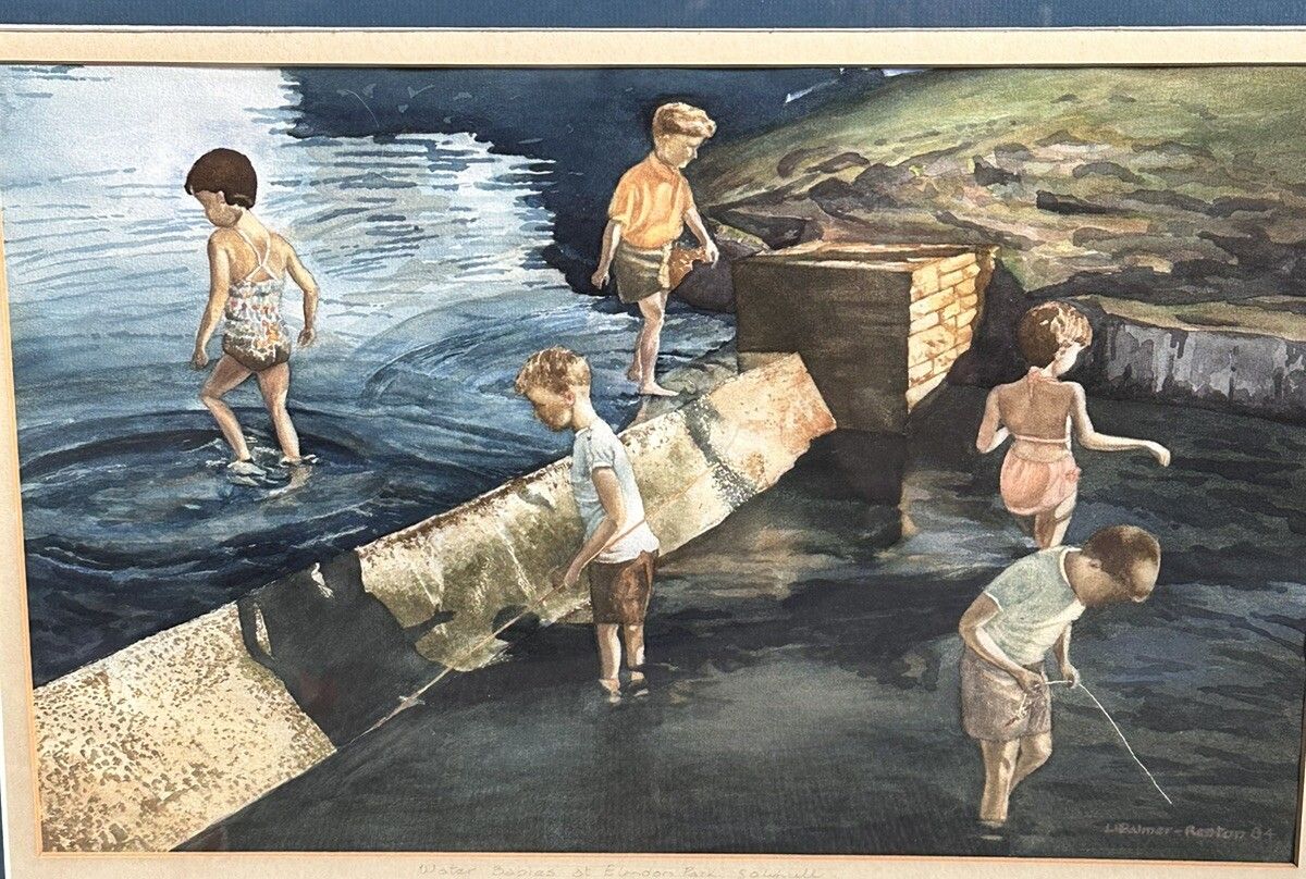 Original Watercolour Signed Elmdon Park Solihull “ Water Babies” 63cm By 47cm photo Art