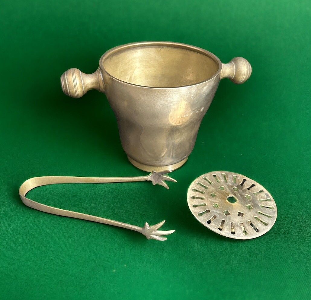 Anglo Indian Pre 1940’s Beehive Twin Handled Ice Bucket With Tongs And Strainer