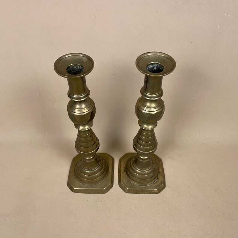Antique Matching Pair Of 2 Gold Solid Brass Metal Candlestick Candle Stick Ornate Vintage Taper Dinner Candlesticks Set photo Home Decor