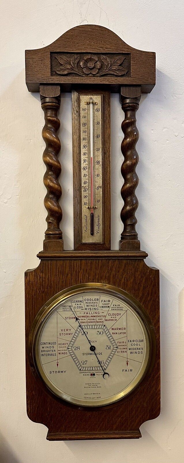 Superb Art Deco Oak Barley Twist Weather Barometer Tyco’s  England photo furniture
