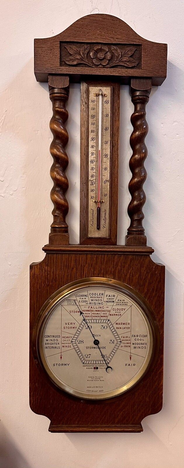 Superb Art Deco Oak Barley Twist Weather Barometer Tyco’s  England photo for sale