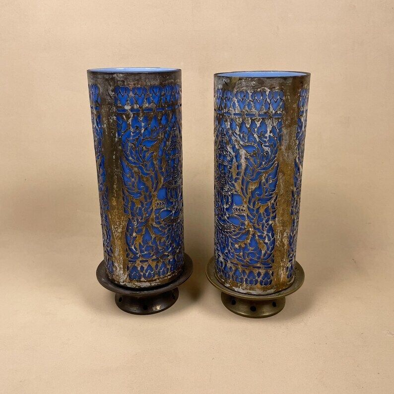 photo furniture Antique Pair Of Matching Indian Cut Metal Brass Glass Candlestick Candle Stick Holder Tea Lights Vintage Candlesticks Blue Ornate Patterned