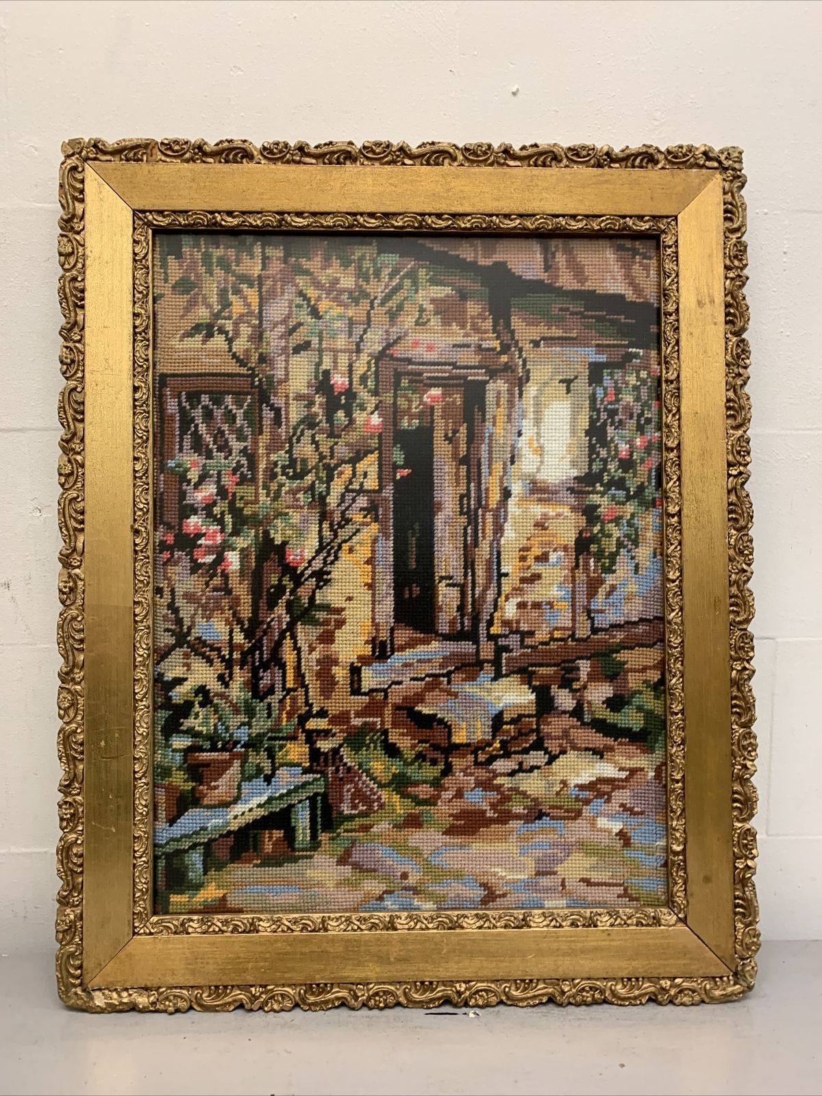 Antique Gilt Wooden Framed Tapestry Charles Edward Wilson 56cm By 45cm