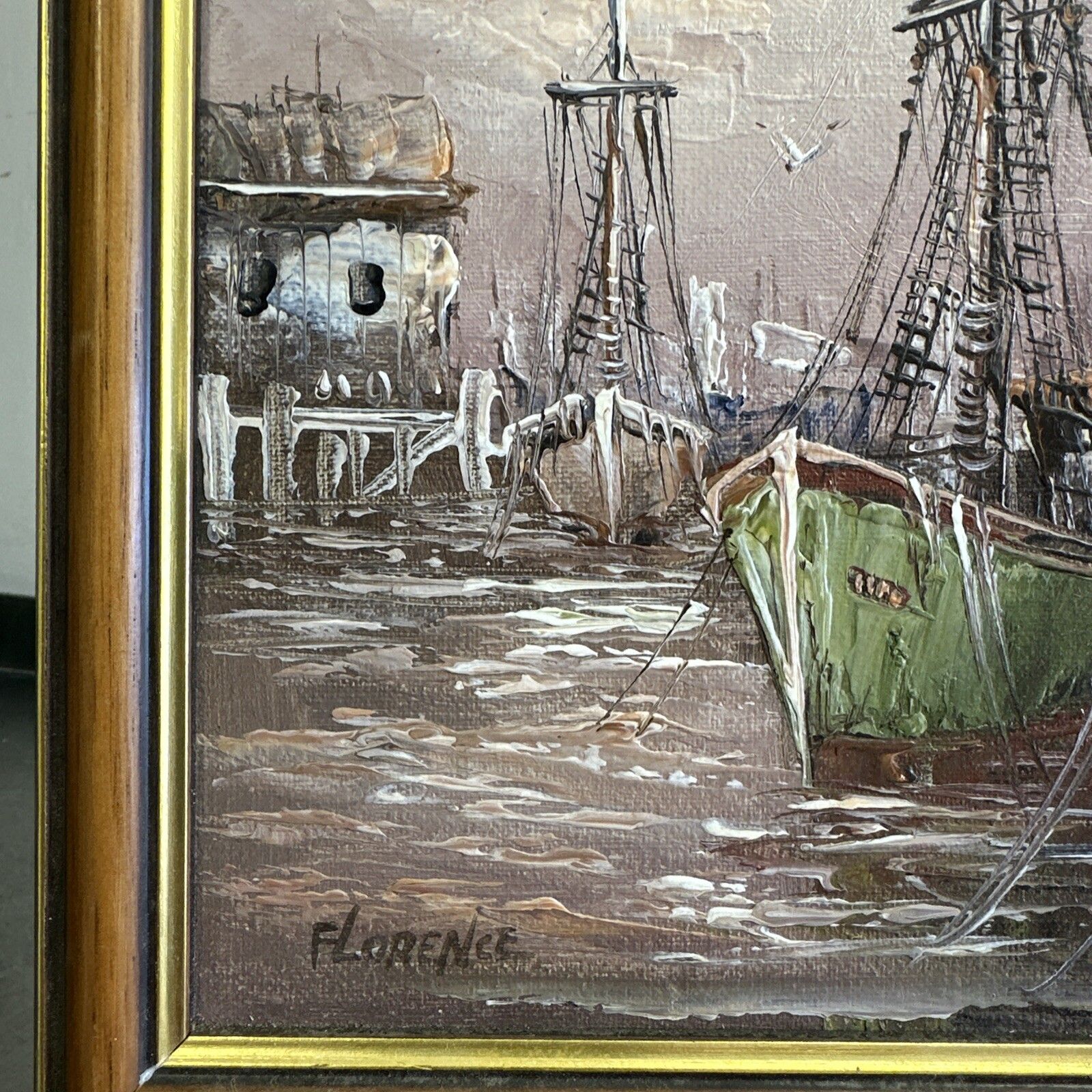 Mid Century Sailboat Oil Painting Harbour Port Seascape Abstract Art Signed photo for sale