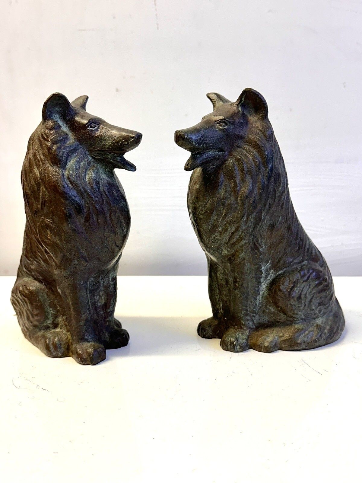 Pair Of Antique Bronze Collie Dogs Figures Excellent Detail Heavy