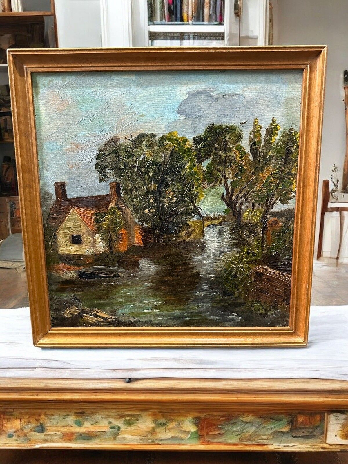 Original Oil Painting Bord L’yerre De Seine C1930’s photo for sale