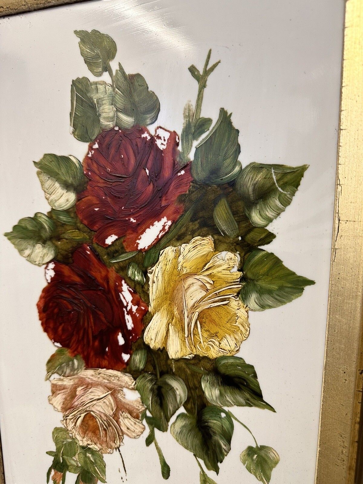 Victorian Floral Botanical Oil Paintings On Glass Panel In Original Gilt Frame photo for sale