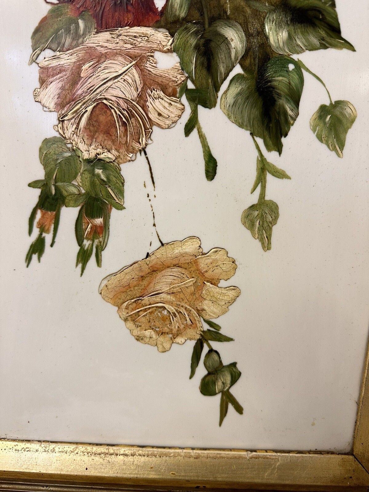 Victorian Floral Botanical Oil Paintings On Glass Panel In Original Gilt Frame photo vinterior